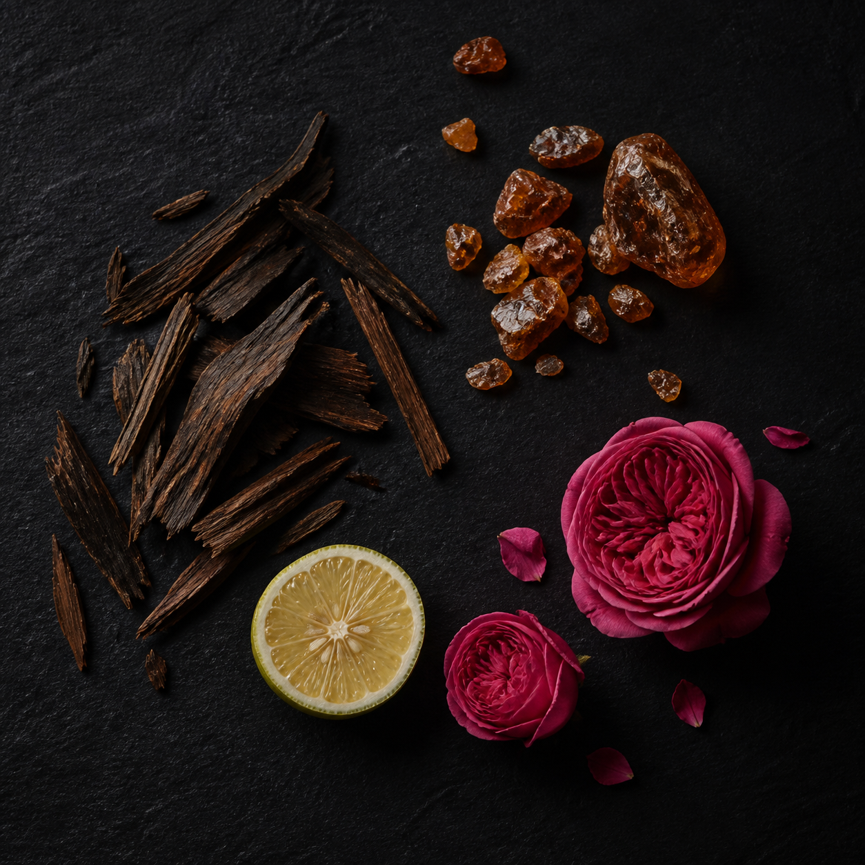 Oud, amber, bergamot and damask rose ingredients